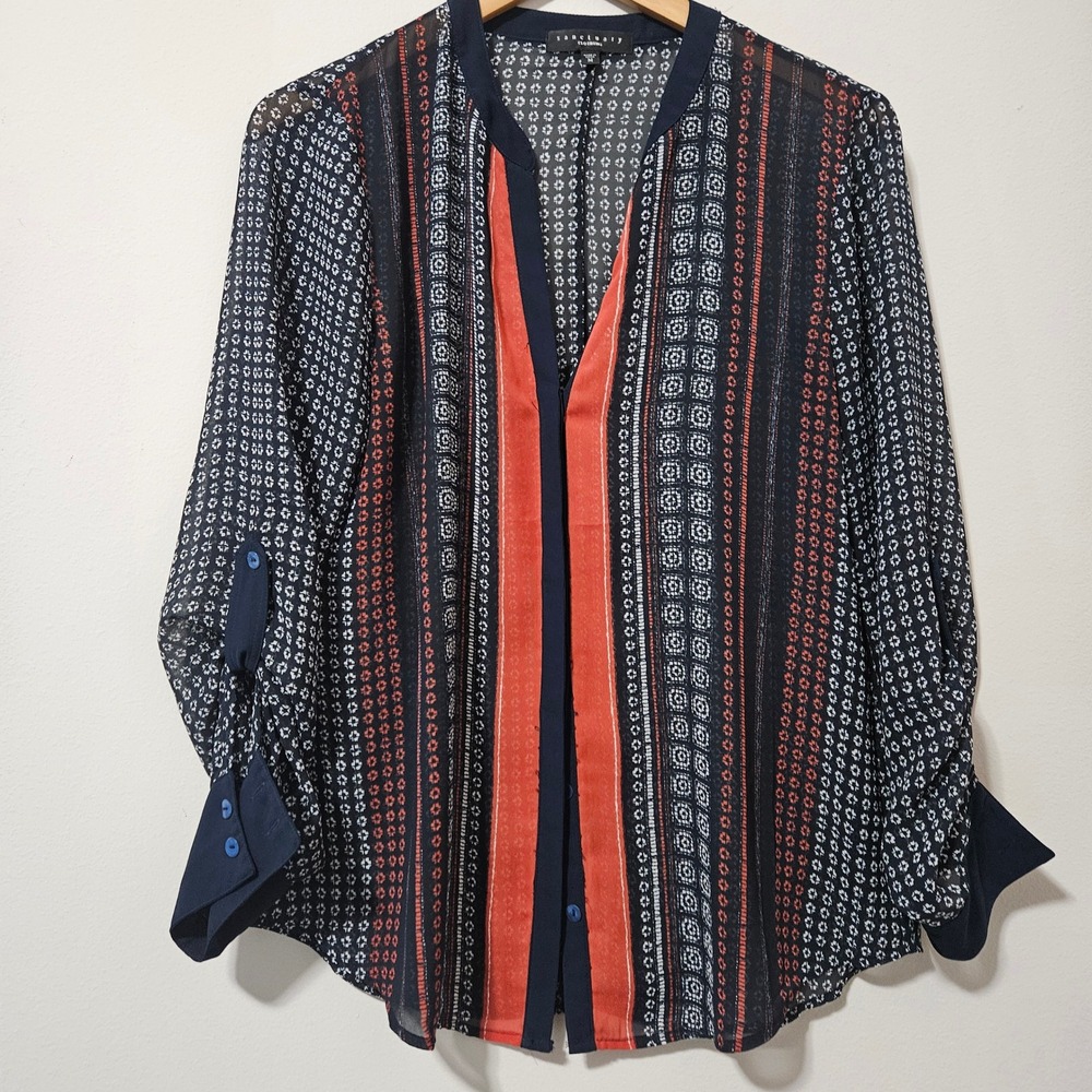 Sanctuary Clothing Womens Mixed Print Roll Tab Blouse Navy Orange XB897-Z82 sz M